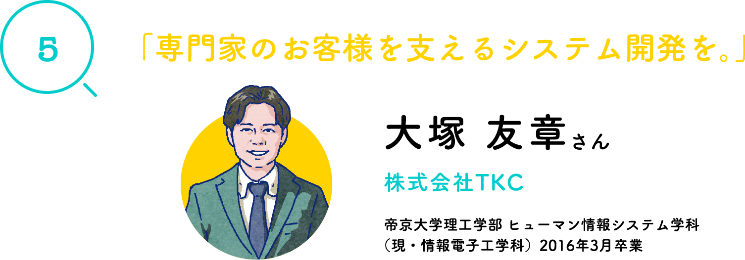 "5" "System development to support professional customers." Tomoaki Otsuka TKC Co., Ltd. Faculty of Faculty of Science and Engineering and Technology Department of Human Information Systems (currently Department of Department of Information and Electronic Engineering) Graduated in March 2016