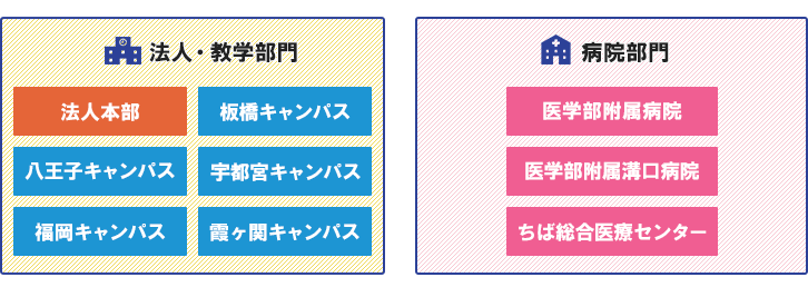 法人・教学部門（法人本部、板橋キャンパス、八王子キャンパス、宇都宮キャンパス、福岡キャンパス、霞ヶ関キャンパス）、病院部門（医学部附属病院、医学部附属溝口病院、ちば総合医療センター）