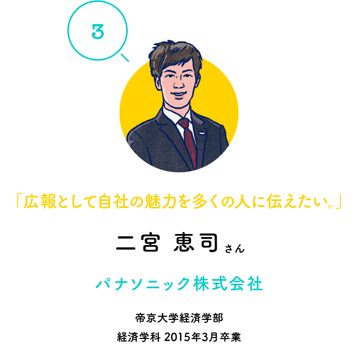 "3" "I want to convey the attractiveness of our company to many people as a PR service." Keiji Ninomiya Panasonic Corporation Teikyo University Faculty of Economics Department of Economics Graduated in March 2015
