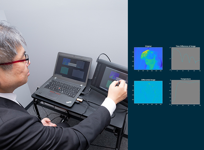 Image of measuring the change in body temperature on the skin surface of the experiment participants with a thermo camera and analyzing the data