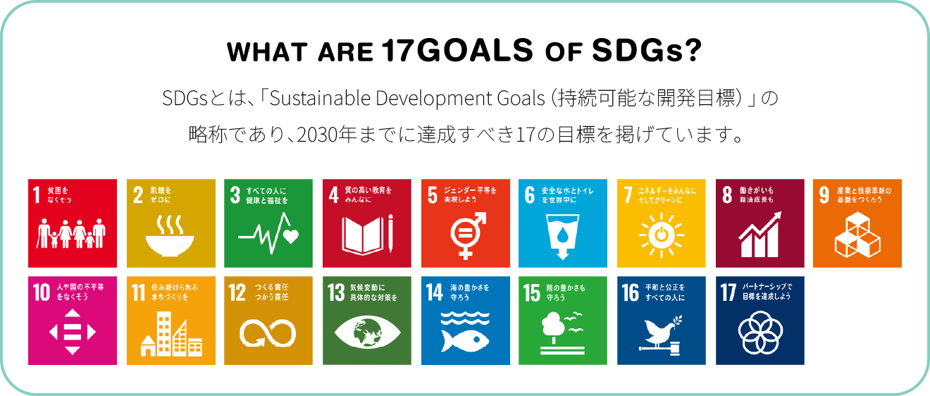 WHAT ARE 17GOALS OF SDGs? SDGsとは、「Sustainable Development Goals（持続可能な開発目標）」の略称であり、2030年までに達成すべき17の目標を掲げています。
