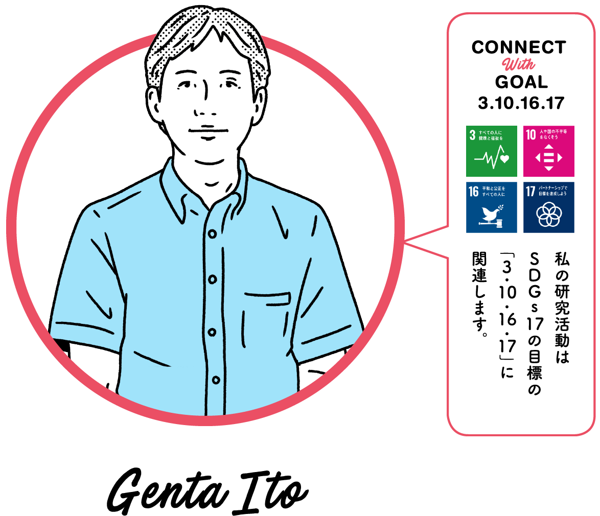 私の研究活動はSDGs17の目標の「3・10・16・17」に関連します。Genta Ito