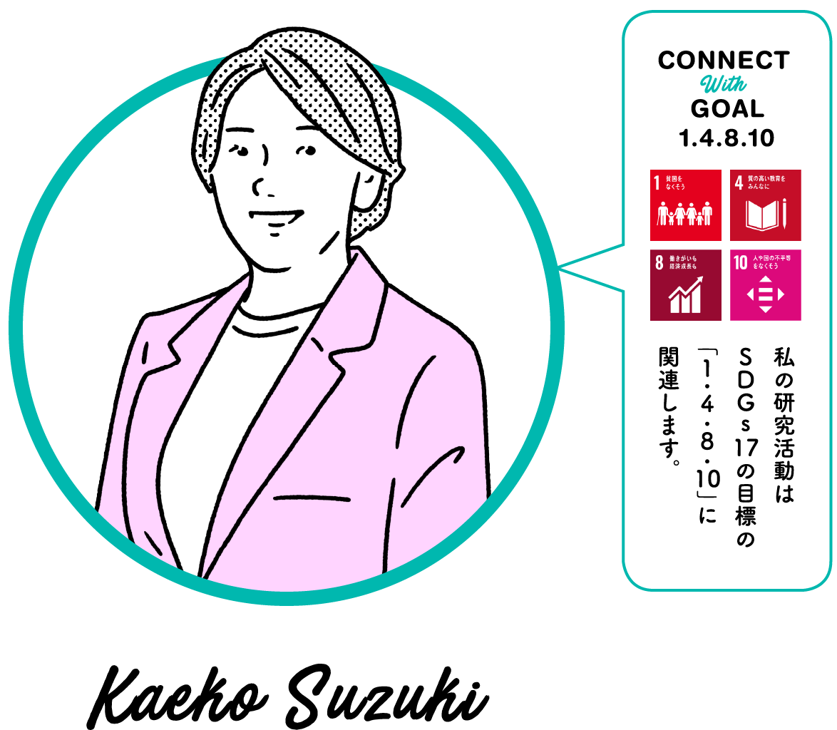My research activities relate to SDGs Goals 1, 4, 8, and 10. Kaeko Suzuki