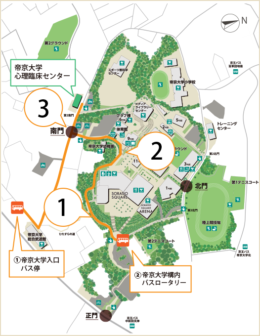 「帝京大学構内バスロータリー」からの行き方地図