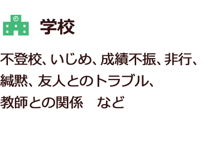 学校　不登校、いじめ、成績不振、非行、緘黙、友人とのトラブル、教師との関係など